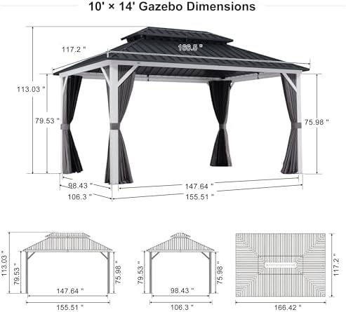 PURPLE LEAF Hardtop Gazebo 10' x 14' Pavilion Wind-Resistant White Frame
