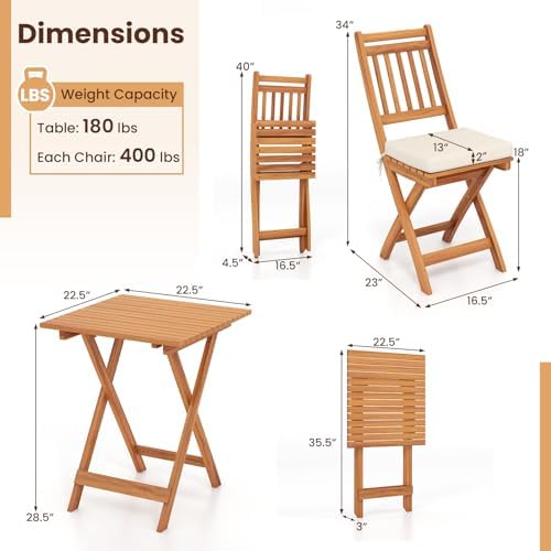 KOTEK Outdoor Folding Bistro Set, 3 Pieces Acacia Wood Bistro Set with Soft C...