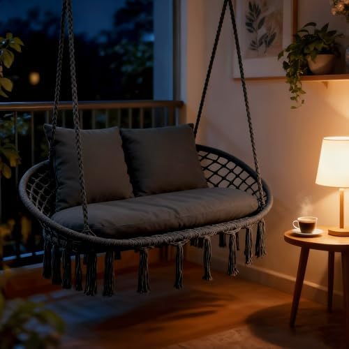 Magshion 2-Person Macrame Hanging Hammock Swing Chair, Black