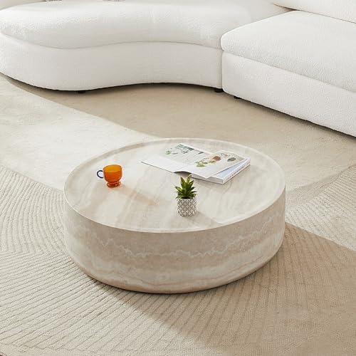 ø31.5'' Round Stone Coffee Table for Living Room, Modern Drum Circle ...