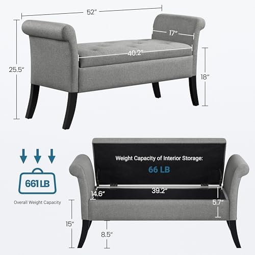 Yaheetech 52" Storage Ottoman Bench for Bedroom, Rolled Arm, Light Gray