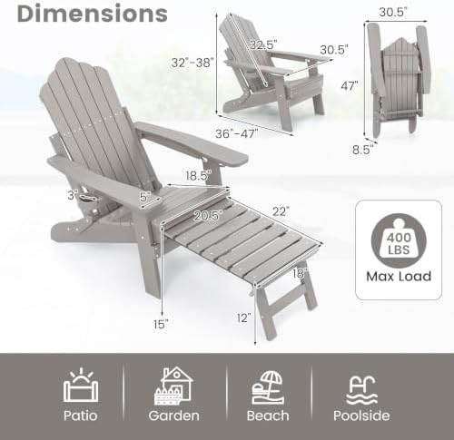GIANTEX Folding Adirondack Chair, All-Weather Lounge Chair with Adjustable Ba...