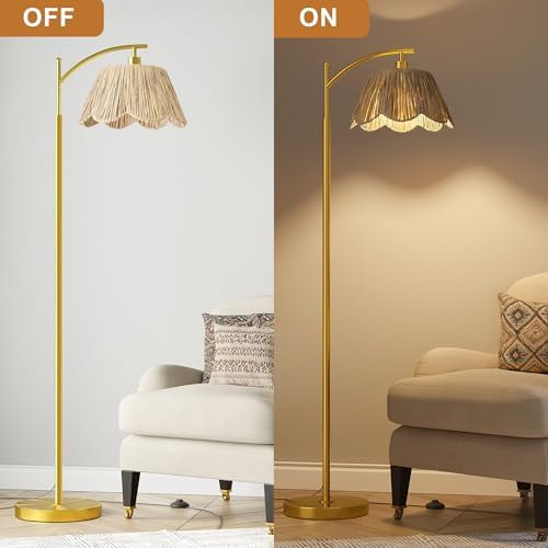 Oneach Arc Floor Lamp for Living Room,Rattan Boho Floor Lamp Decor with Hand-...