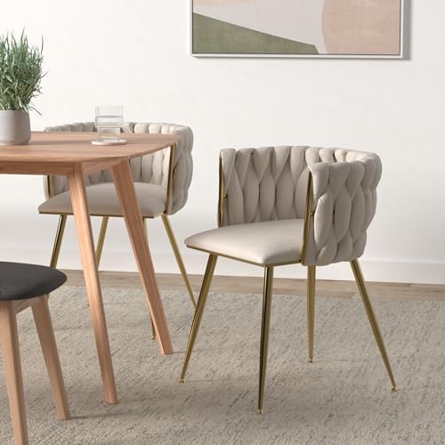 Nrizc Woven Dining Chairs Set of 6, Velvet Upholstered Dining Chairs with Gol...