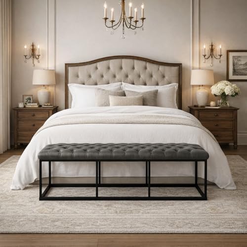 HomePop 52" Button Tufted Decorative Bench with Metal Base - Gray Faux L...