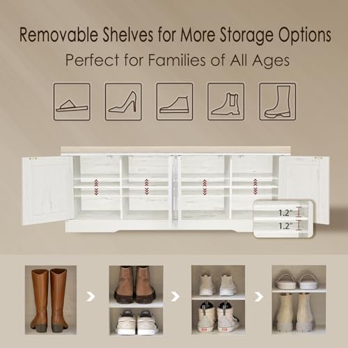 DINZI LVJ Shoe Storage Bench with Cushion, Door, Rustic White 47.2"LX17....