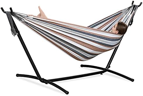 PNAEUT Double Hammock with Stand for Outside, Heavy-Duty, Portable (Coffee)