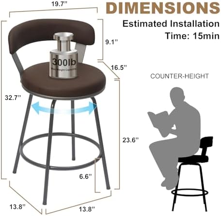 24 Inch Swivel Counter Height Bar Stools Set of 2, Modern Backs, Leather Coun...