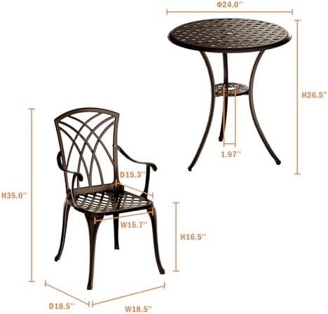 Patio Bistro Set 3 Piece, Cast Aluminum Bistro Set for 2 w/Umbrella Hole, Out...