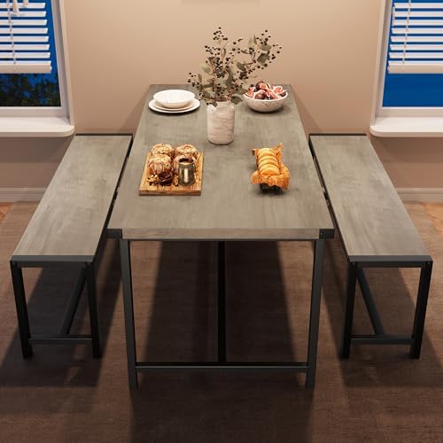Dining Table Set for 4 with 2 Benches, 3-Piece Kitchen Table Set, Space-Savin...