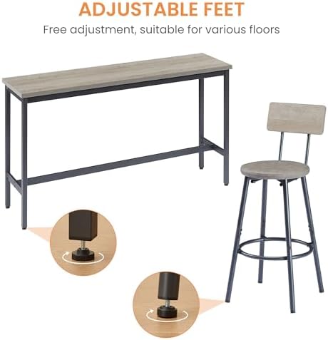 Long Bar Table Set with 3 PU Upholstered Bar Stools, Industrial Bar Table and...
