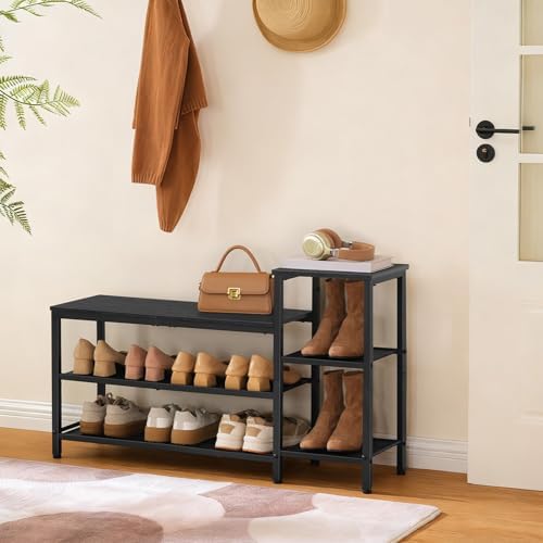 YATINEY 3-Tier Shoe Rack Bench, Wooden Shoe Storage Bench, Industrial Entrywa...
