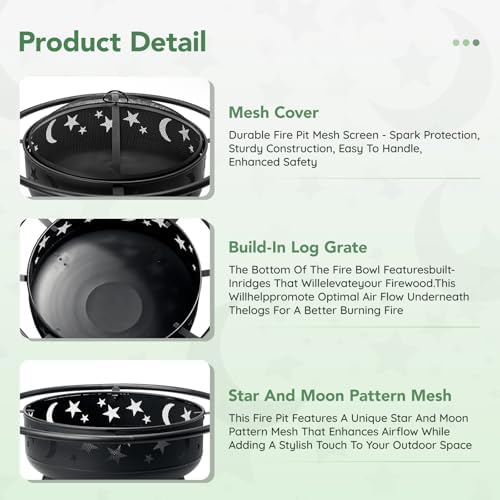 32 Inch Round Fire Pit with Mesh Cover, Fire Poker, Star and Moon Design, Met...