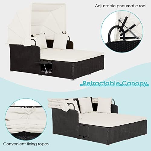 RELAX4LIFE Patio Outdoor Daybed with Canopy, Wicker Sunbed w/Cushions, 4 Pill...