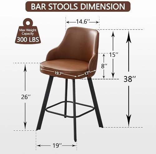 Counter Height Bar Stools Set of 2 with Back, 26" Faux Leather Swivel Chair