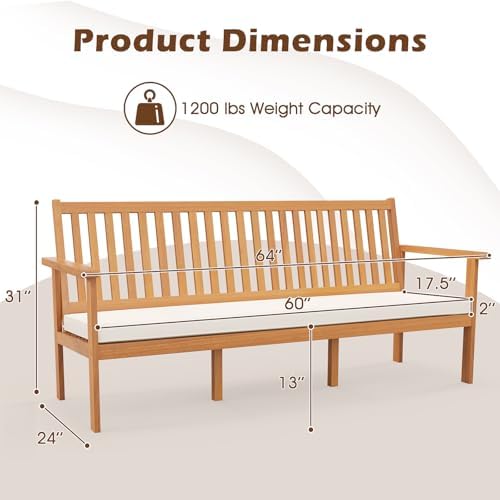 Tangkula 3-Seat Acacia Wood Outdoor Bench with Cushion, 64" Extra Long G...