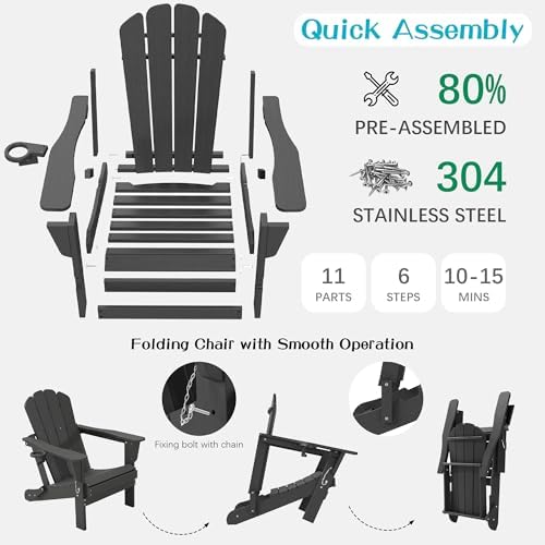 Domi Folding Adirondack Chair Set of 2, HDPE All-Weather Adirondack Chairs wi...