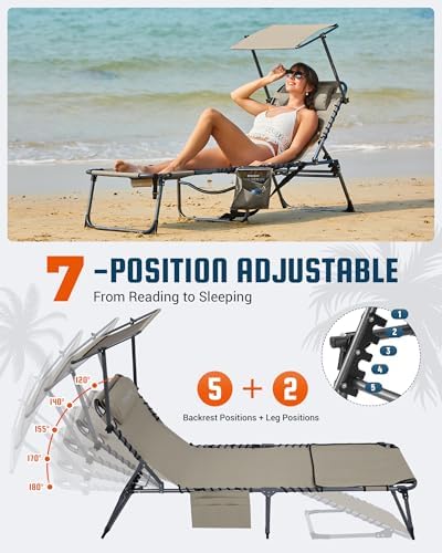 KingCamp 400LBS Lounge Chair with Face Hole & Canopy Shade, Beige 1‑Pack