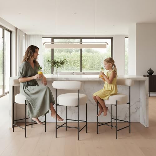 ROCITY Beige Modern Bar Stools Set of 2 Linen Upholstered Counter Stools with...
