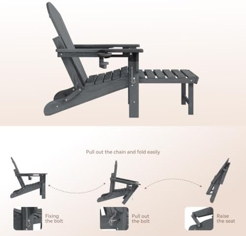 Mdeam HDPE Folding Adirondack Chairs Set of 2, 400 lbs 2 Cup Holders, Grey