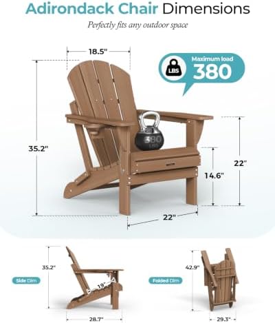 Ciokea Folding Adirondack Chairs Set of 2 with Cup Holder, HDPE, Teak