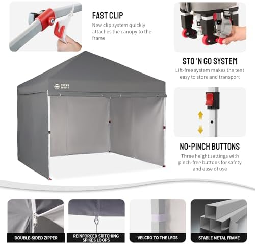 CROWN SHADES 10X10 Commercial Pop Up Canopy Tent with Sidewalls, Gray