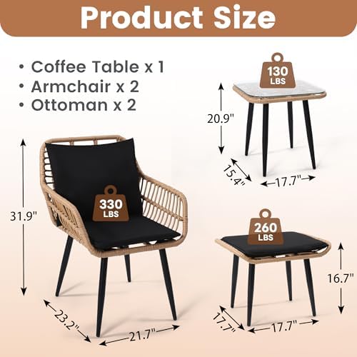 KROFEM 5 Piece Wicker Bistro Patio Conversation Furniture Set, Natural