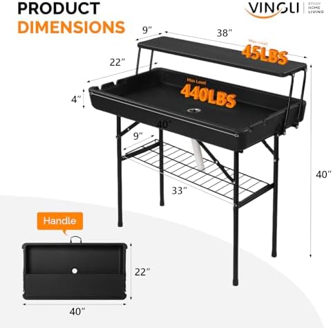 VINGLI Portable Cooler Table with Extra Storage Shelf, Alloy Steel, Black, Pi...