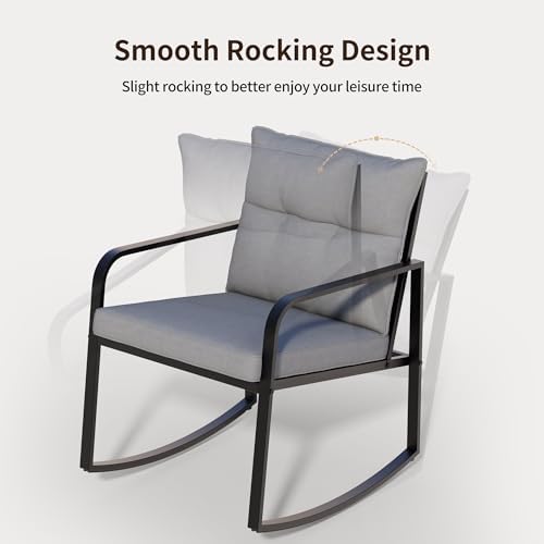 Gizoon 3 Piece Rocking Bistro Set, Black Steel Patio Furniture,Grey Cushion