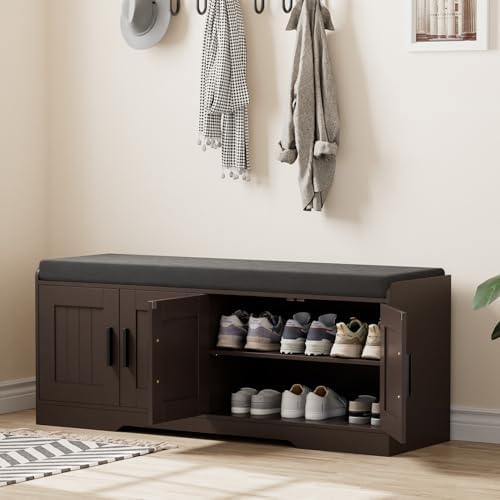 Homleke Shoe Storage Bench, 4 Doors & Thickened Padded Seat Cushion