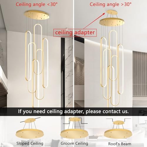6-Rings Modern Chandelier, LED Gold Large Contemporary Light for Staircase, D...