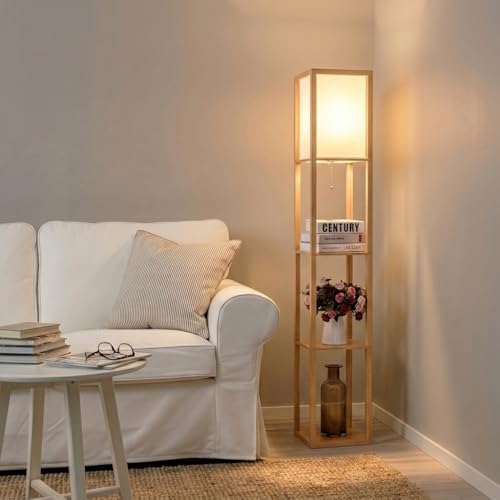 Brightech Maxwell - Modern Shelf Floor Lamp with Lamp Shade & Warm White ...