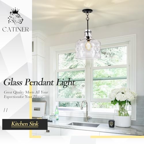 CATINER 16" Farmhouse Hammered Glass Pendant Light, Black Hanging Light