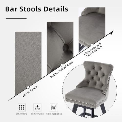 Grey Velvet Bar Stools Set of 2, 26" Swivel Counter Height Chairs