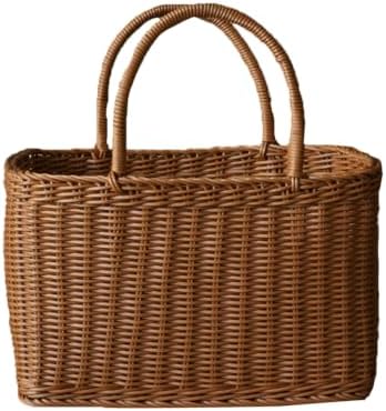 Sewroro Picnic Basket with Handles Handmade Plastic Woven Basket Multifunctio...