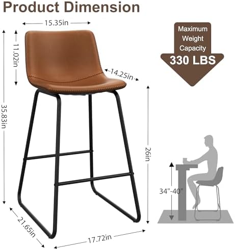 REONEY Bar Stool Set of 3, 26" Urban Faux Leather Counter Stool, Dark Brown