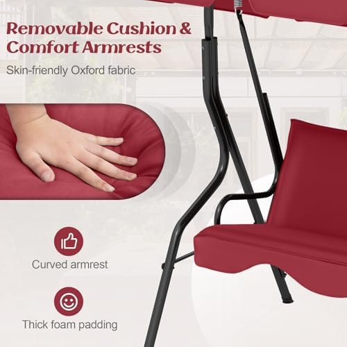 Tangkula 3 Person Porch Swing with Cushions & Canopy, Wine
