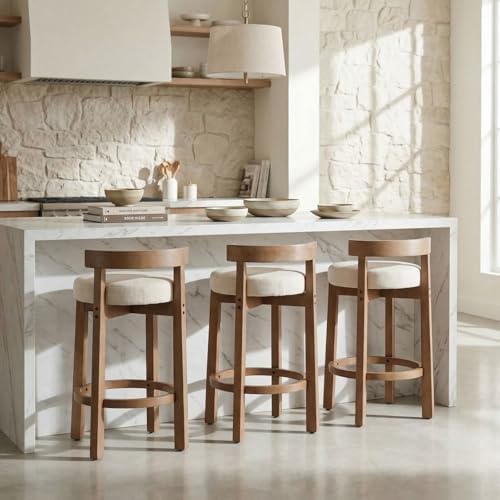 LukeAlon Mid Century Linen Counter Stools Set of 3, Upholstered 26.5" Se...