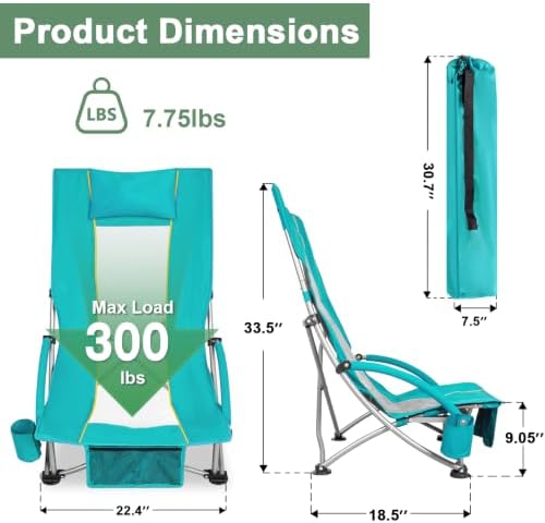 Romswi High Back Beach Chair, Compact Lightweight Low Seat Camping Chair, Fit...