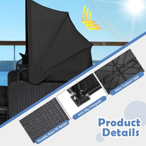 Tangkula Patio Rattan Daybed with Retractable Canopy, Outdoor Wicker Sunbed L...