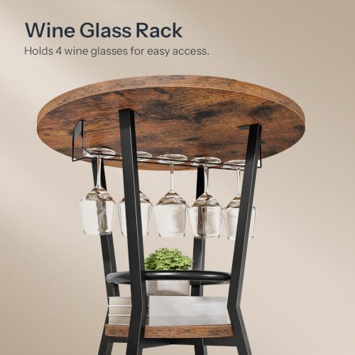 HOOBRO Round Bar Table, 2-Tier Counter Height Pub Table with Wine Glass Holde...