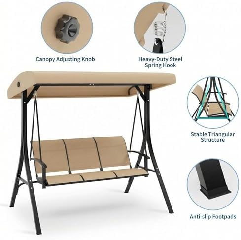 GarveeLife 3-Seat Patio Swing Chair, Outdoor Porch Hanging Chairs with Adjust...