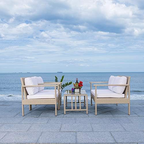 Safavieh Outdoor Collection Garnen Beige Wicker Cushion 4-Piece Living Set PA...