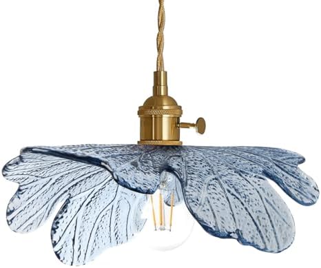 Vintage Glass Pendant Light Gold Brushed Brass Hanging Light with Blue Flower...