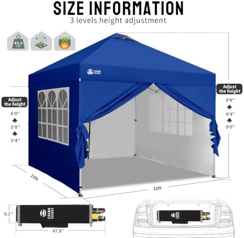 CROWN SHADES 10X10 Pop Up Canopy Tent with Sidewalls, One-Push Setup, Blue