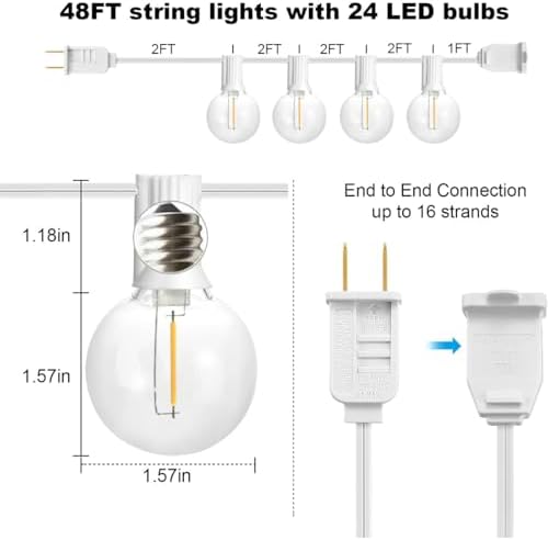 SUNTHIN White Outdoor String Lights, 48FT White Patio Lights with 25 G40 Shat...