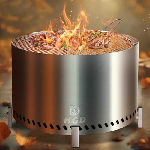 HGD 28" Smokeless Fire Pit with Stand & Grill Rack, Large Stainless ...