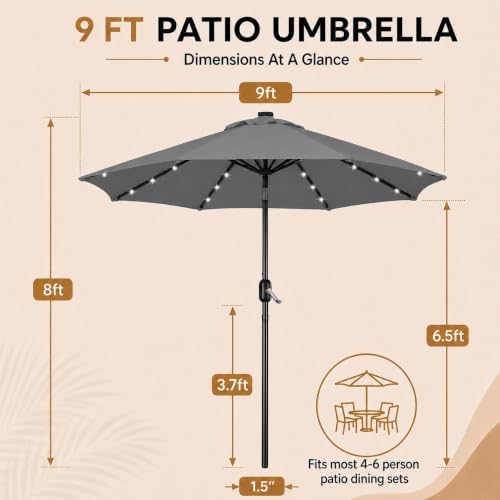 Yaheetech 9FT Solar Patio Umbrella w/Push Button Tilt & Crank, Gray