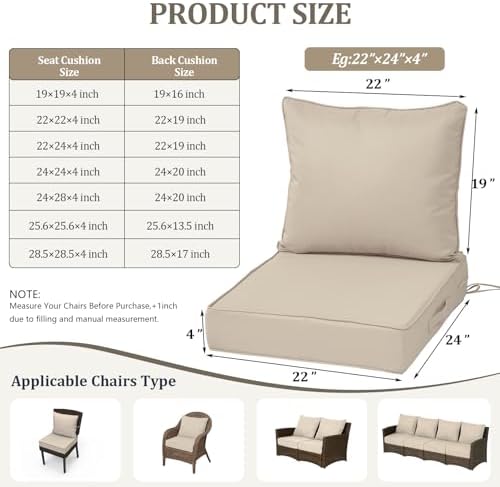 22x24“ Outdoor Deep Seat Cushions Set of 2, Patio Replacement Foam Cushions f...