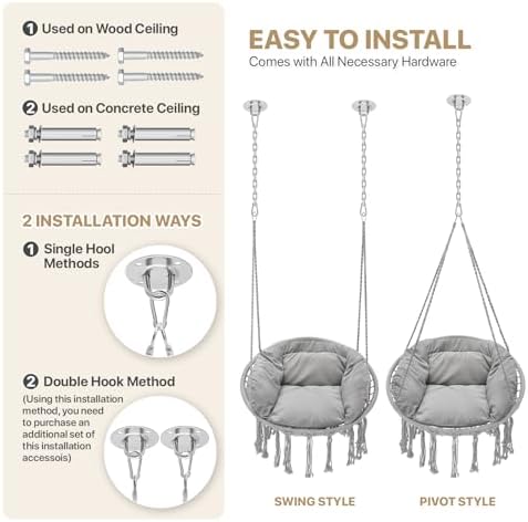 Monibloom Hanging Hammock Chair with Cushion, Macrame Swing Chair, Gray